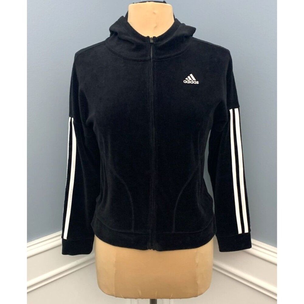 Adidas Velour Track Jacket Youth XL/Womens S Hooded Three Stripes Y2K Zip-Up